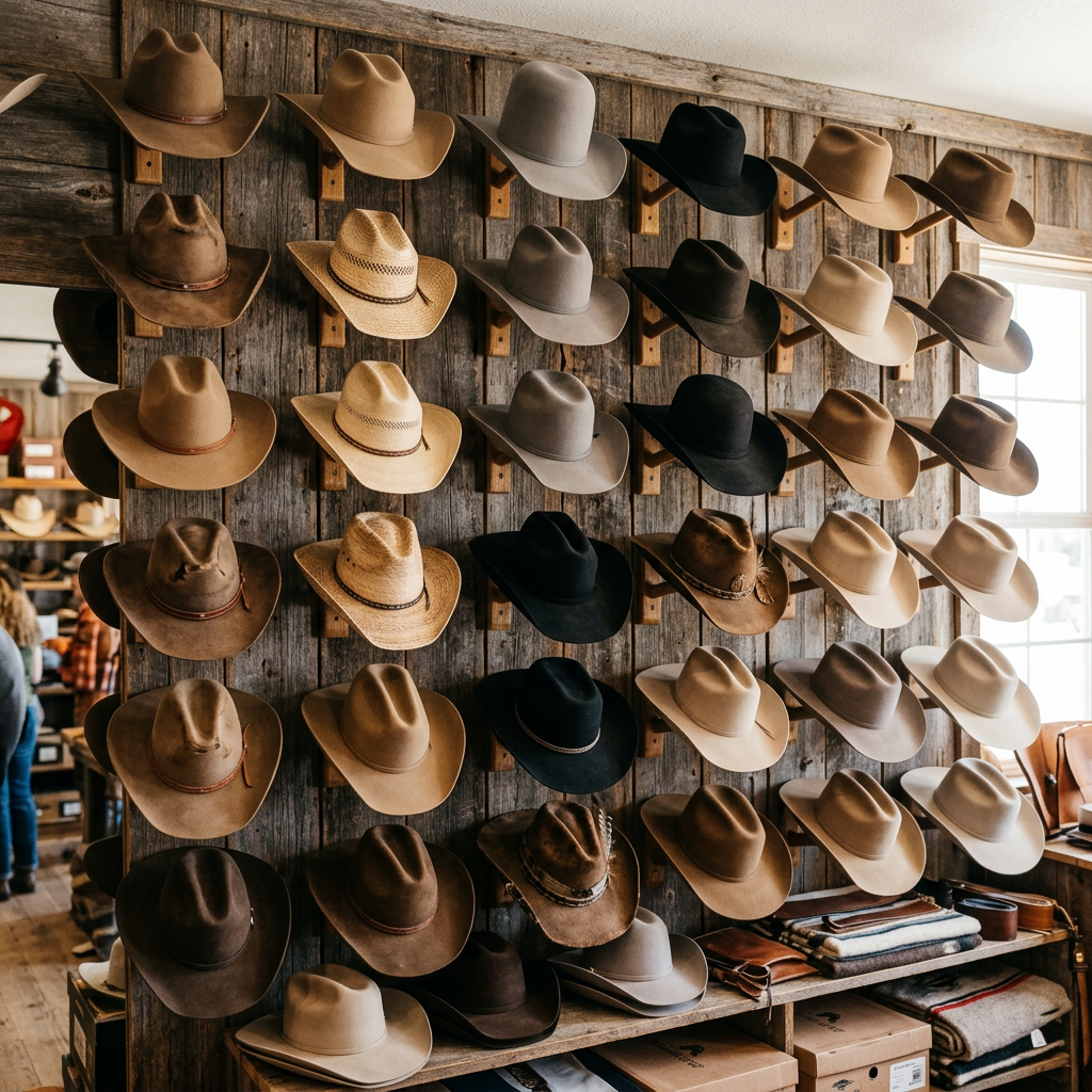 Cowboy hats of different colors displayed on a wooden wall in a store