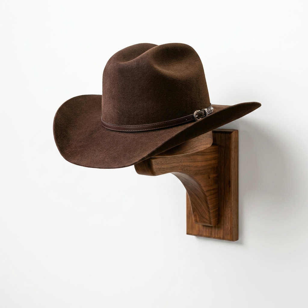 Brown cowboy hat on metal horseshoe stand in workshop